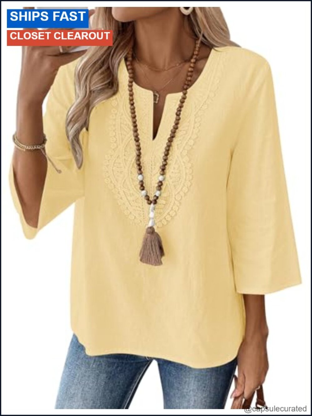 Linen Blend V-Neck 3/4 Sleeve Tunic Cotton Shirt Loose Fit Top